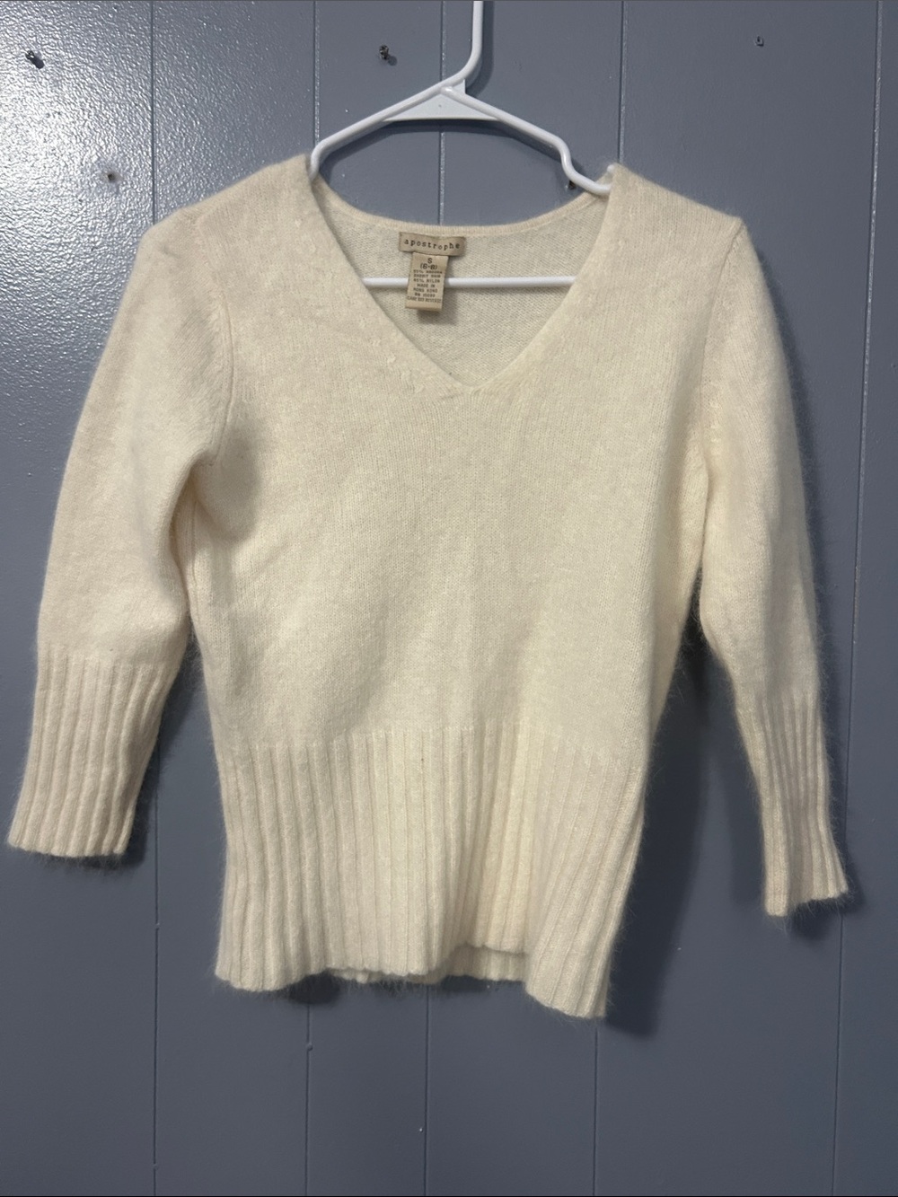 Apostrophe Cream V-Neck Ribbed Waist Sweater Angora Rabbit Hair